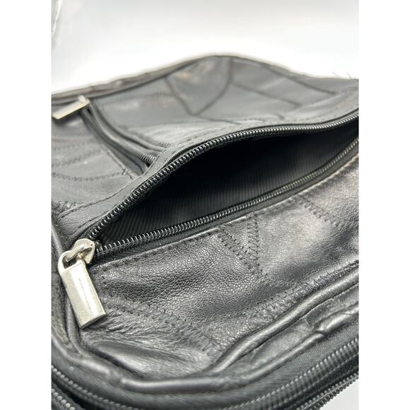 Vintage‎ Patch Leather Women Medium Black Crossbody Lined Sectional Shoulder Bag - Picture 8 of 11